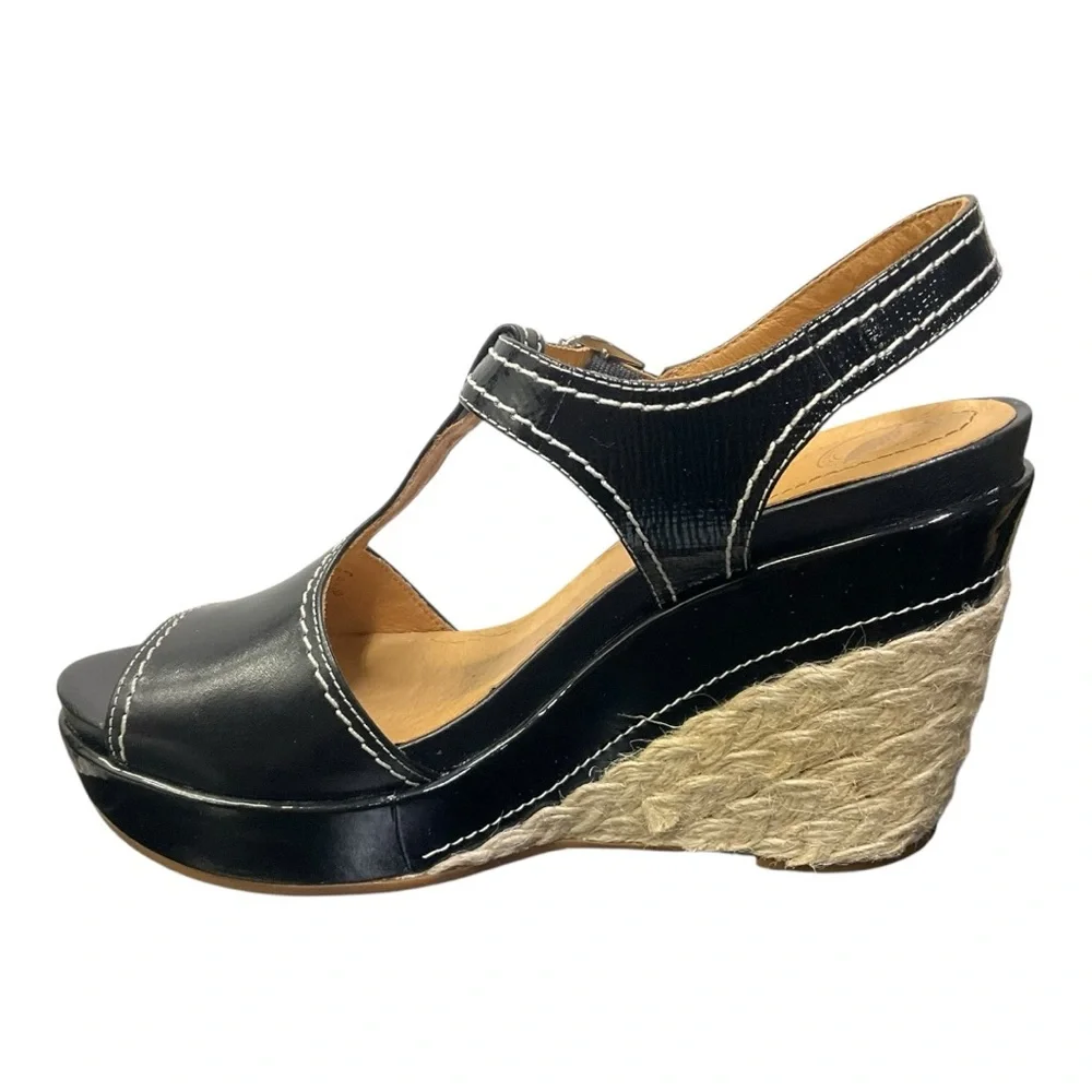 🌿 Nurture Women’s 9M Black Leather Espadrille Wedge Sandal Platform Heel NIB‎